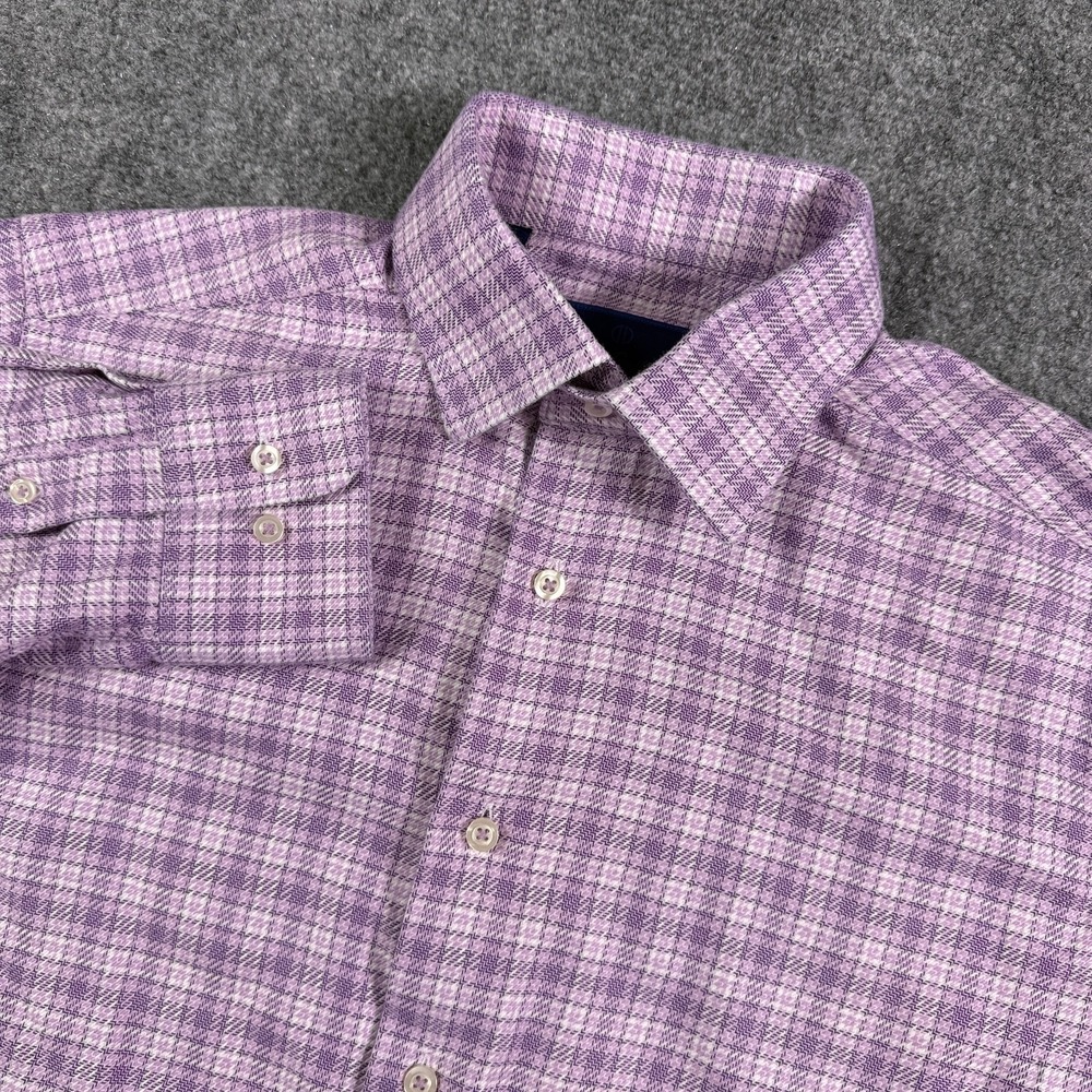 David Donahue Mens Trim Fit Button Up Shirt 16 32/33 Purple Plaid 100% Cotton